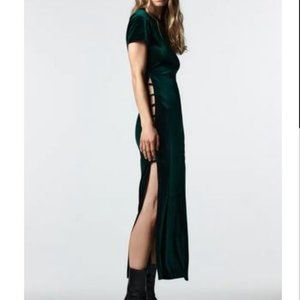 Zara Velvet Green Midi Dress With Buttoned Side Splits - Size XS NWT